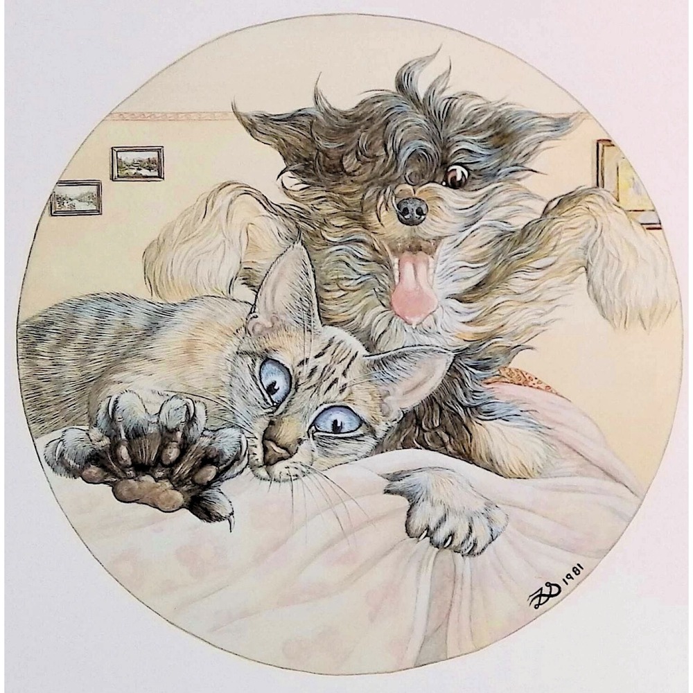 Zoe Stokes Dog Chasing Cat Funny Vintage 1982 Book Plate Pet Wall Art